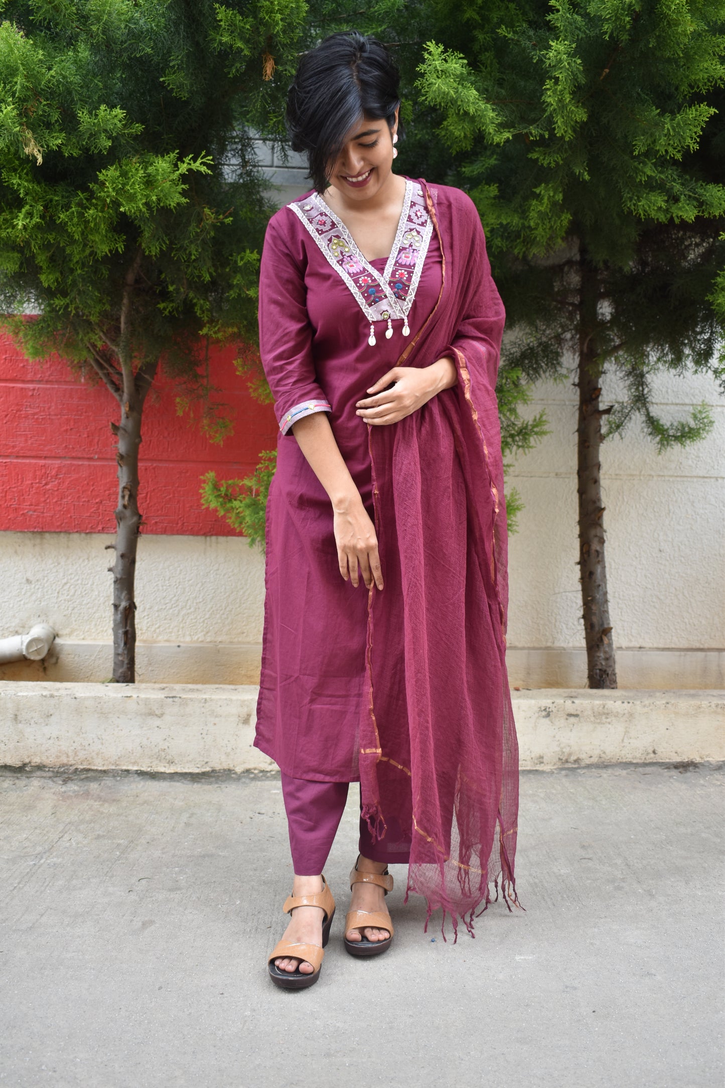 Cotton Embroidered Straight Suit