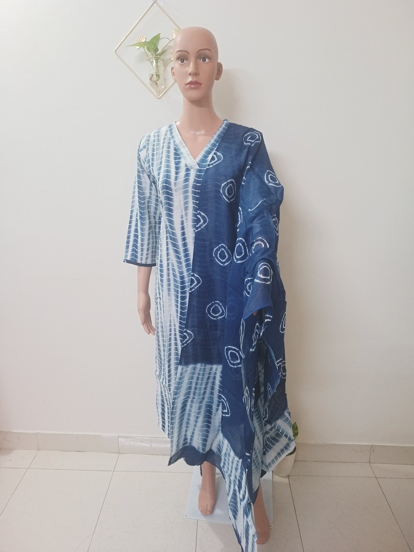 V-Neck Shibori Straight Kurta Palazzos with Dupatta