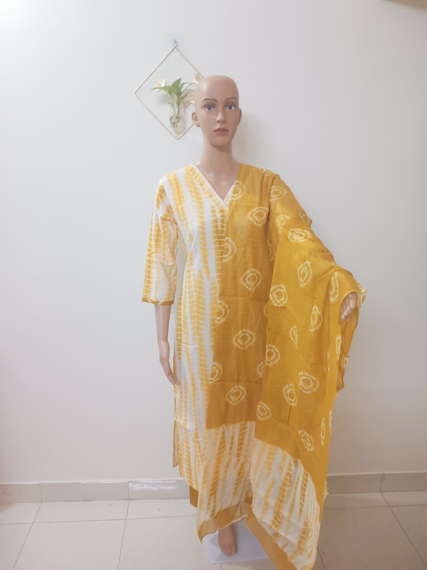 V-Neck Shibori Straight Kurta Palazzos with Dupatta