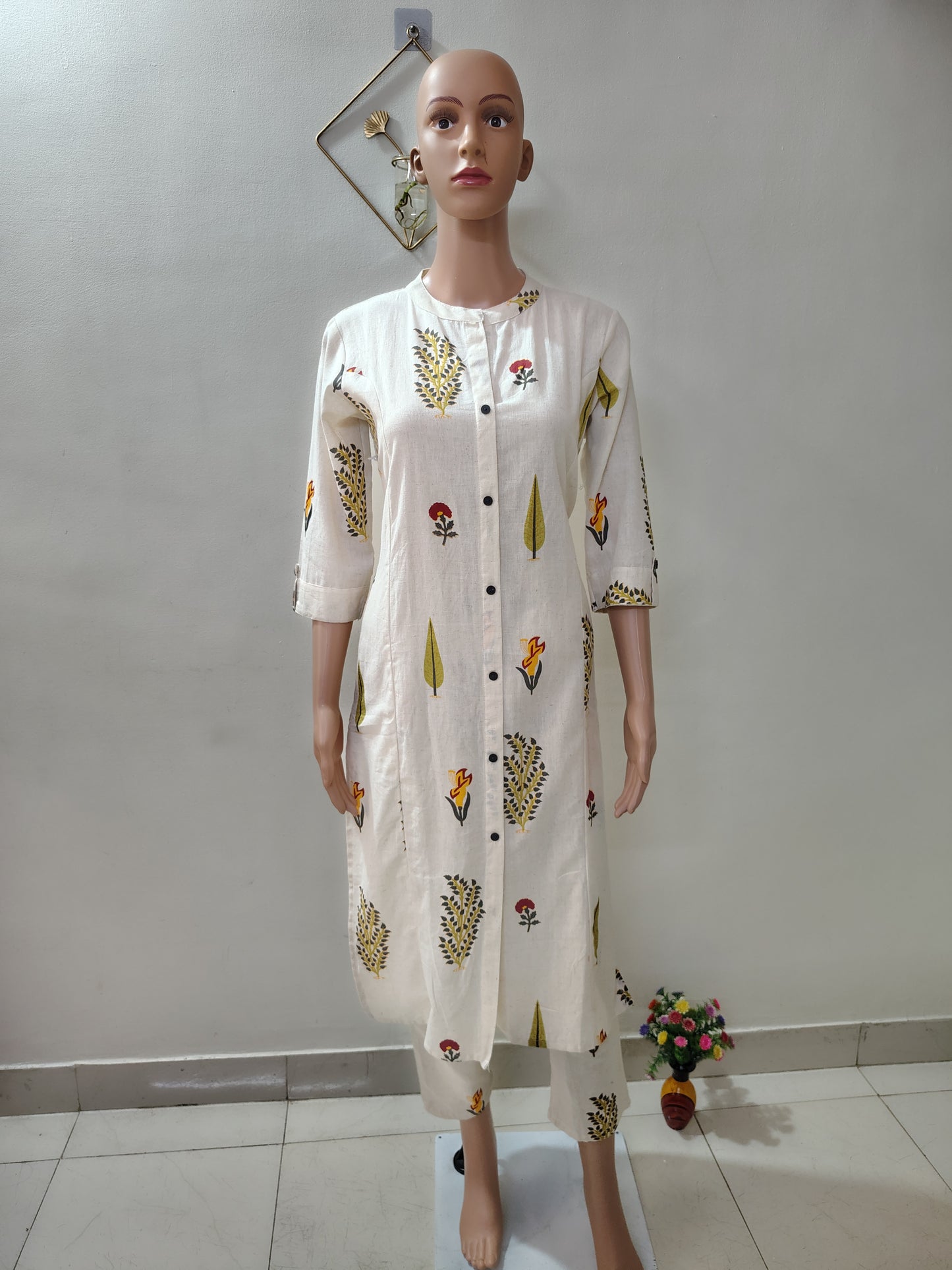 Off-White Printed Khadi Cotton Long Co-Ord Set for Women