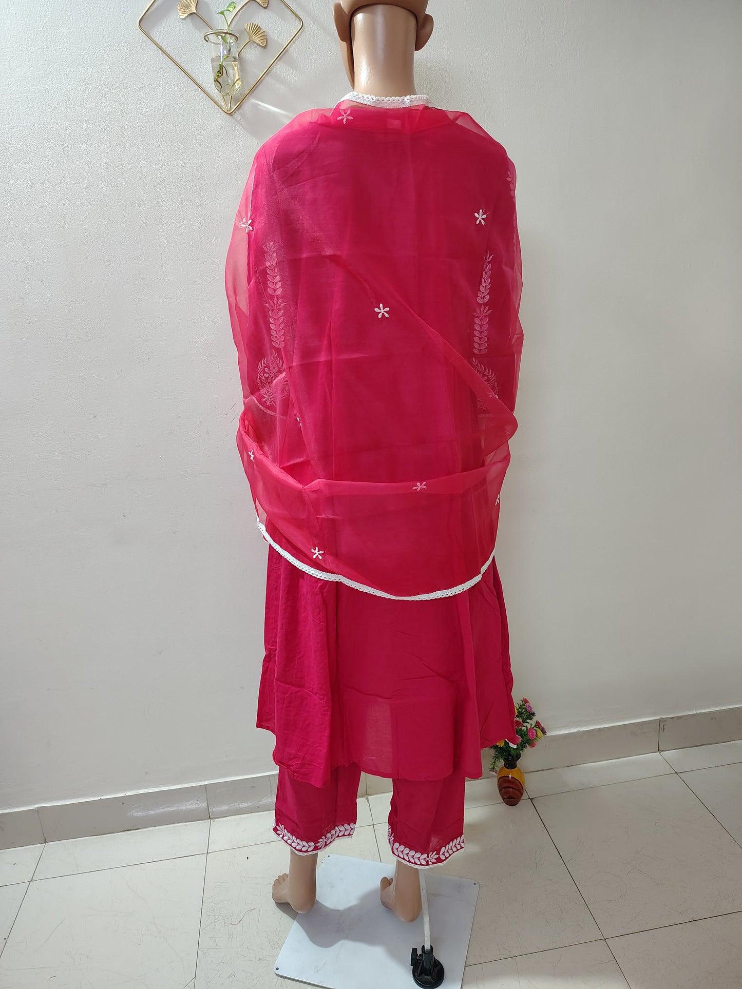 Rani Pink Embroidered A-Line Suit with Dupatta for Women