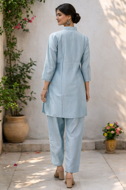 Blue Silk Blend Embroidered Co-Ord Set – Premium Minimal Ethnic Wear