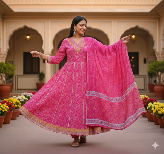 Pink Bandhani Print  Anarkali  Set