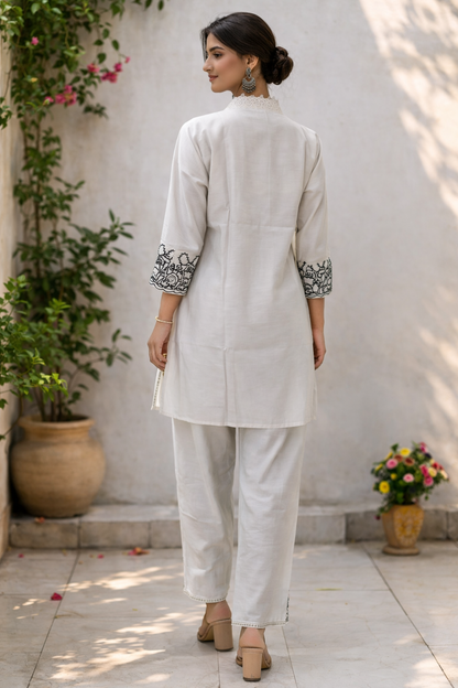 Cream Silk Blend Embroidered Co-Ord Set – Premium Minimal Ethnic Wear
