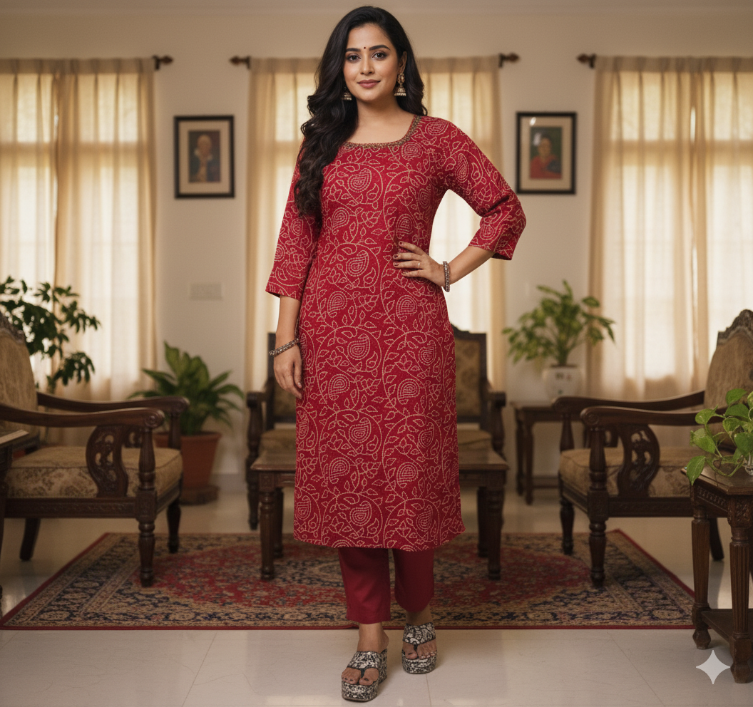 Gaji Silk Bandhani Print Kurti pant Pair