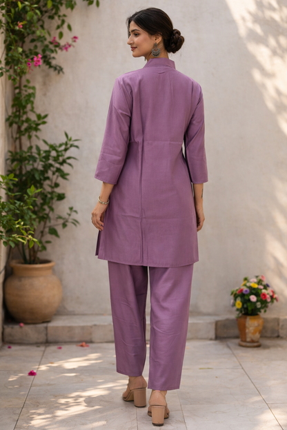 Purple Silk Blend Embroidered Co-Ord Set for Women – Smart Casual Ethnic Wear