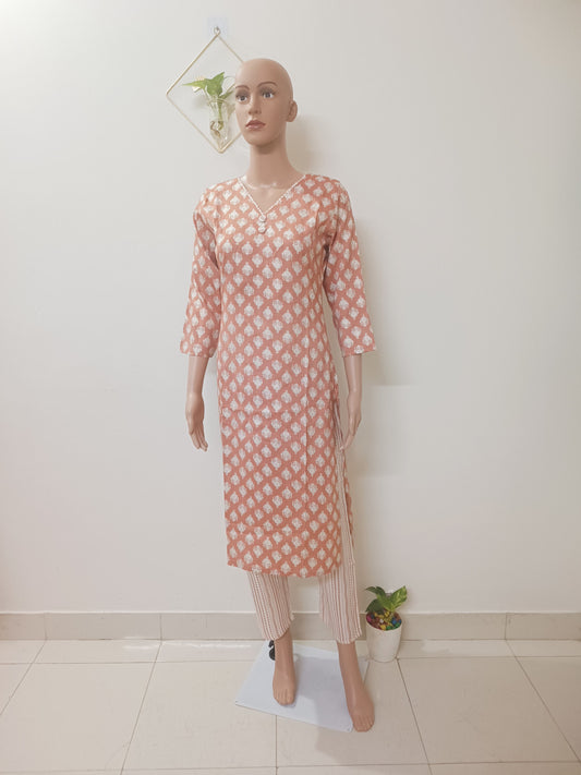 Peach V-Neck Straight Kurta with Pant
