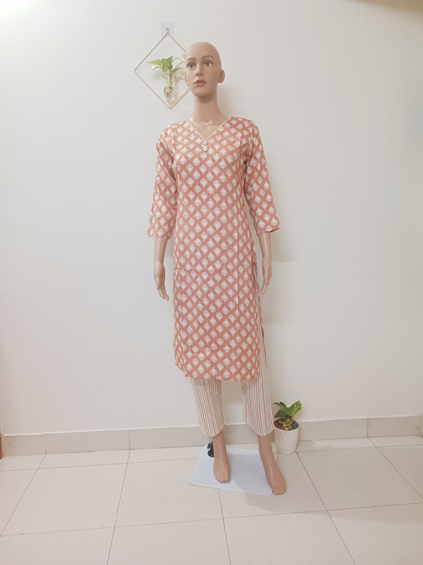 Peach V-Neck Straight Kurta with Pant