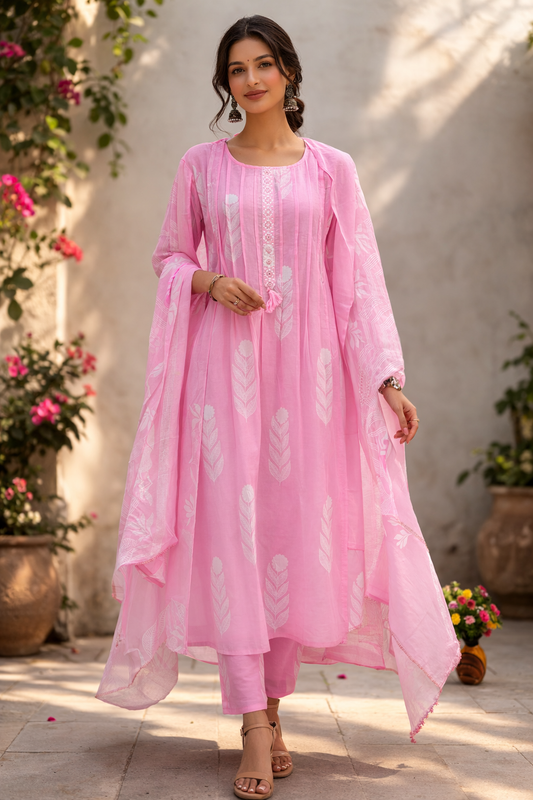 Soft Pink Cotton Printed Kurta Set for Women with Dupatta – Lightweight Ethnic Wear