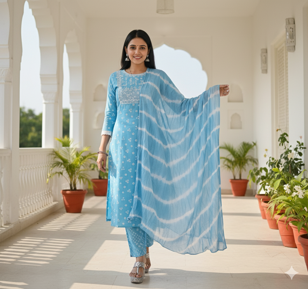 Blue Bandhani  Print  Kurta Set