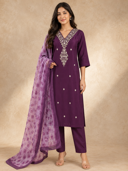 Purple Roman Silk Suit Set