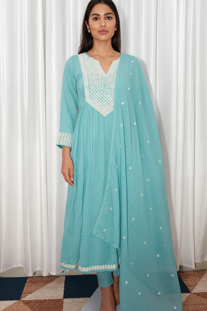 Mul cotton embroidered  Anarkali suit