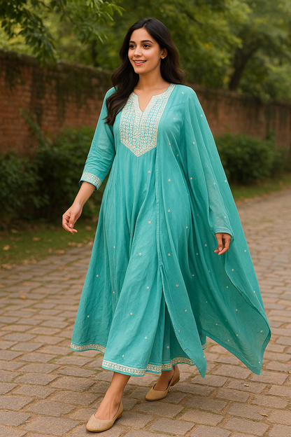 Mul cotton embroidered  Anarkali suit