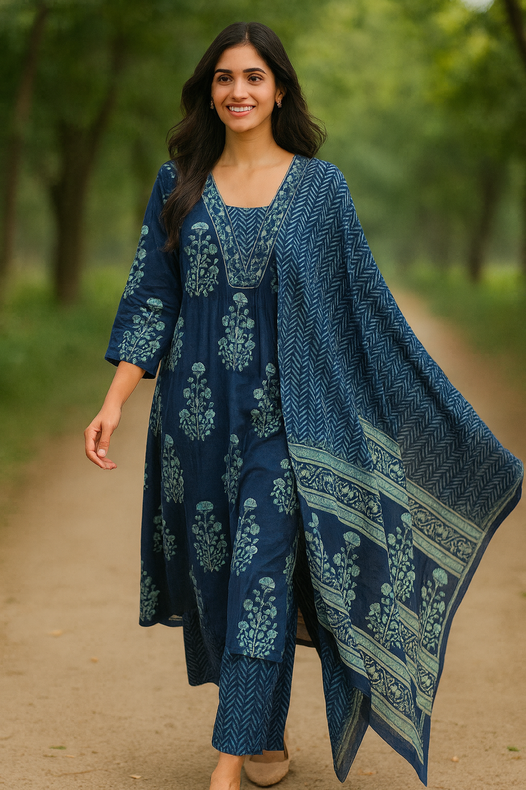 Cotton Embroidered Straight Suit
