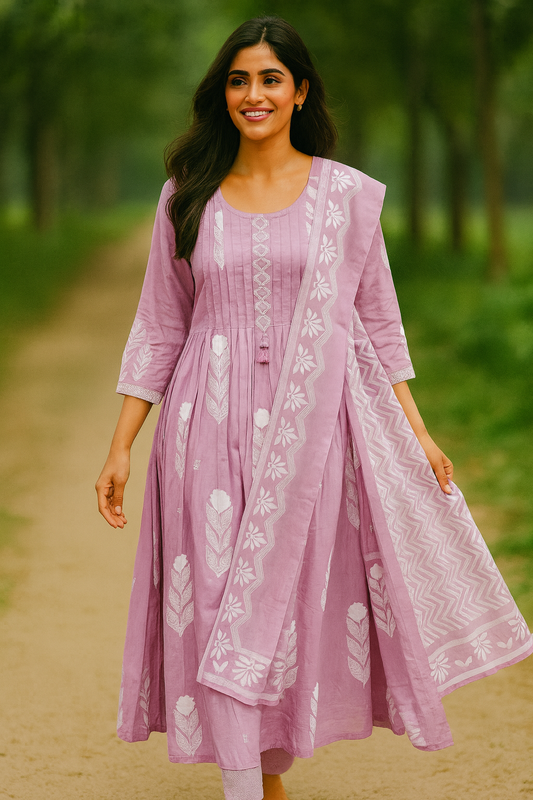 Cotton Embroidered A-Line Suit