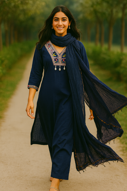 Cotton Embroidered Straight Suit