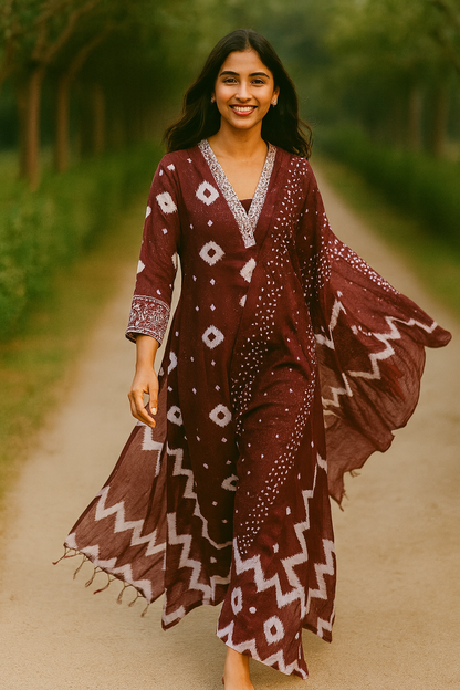 V-Neck A-Line Kurta With Palazzos and Dupatta