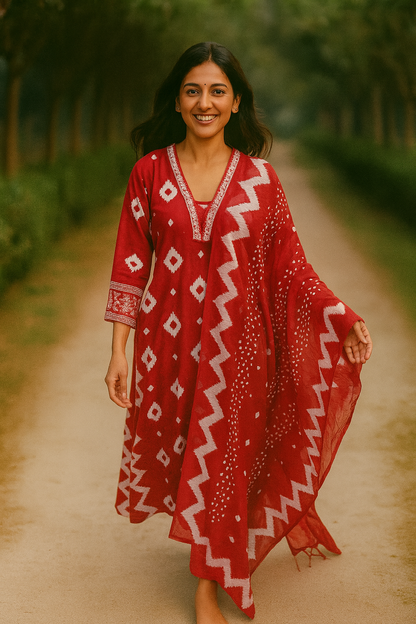 V-Neck A-Line Kurta With Palazzos and Dupatta