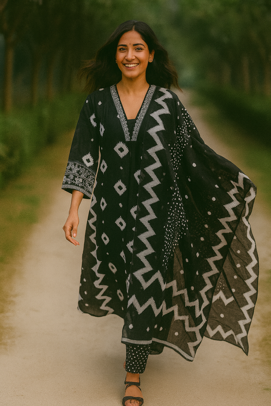 V-Neck A-Line Kurta With Palazzos and Dupatta