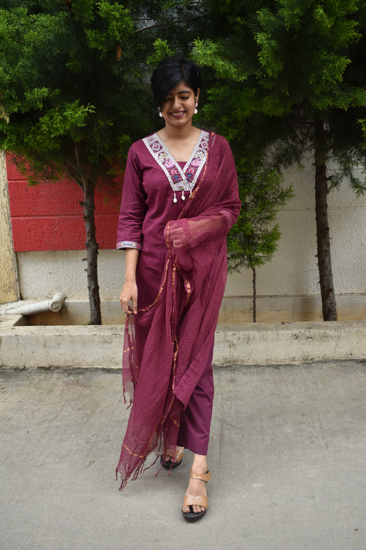 Cotton Embroidered Straight Suit