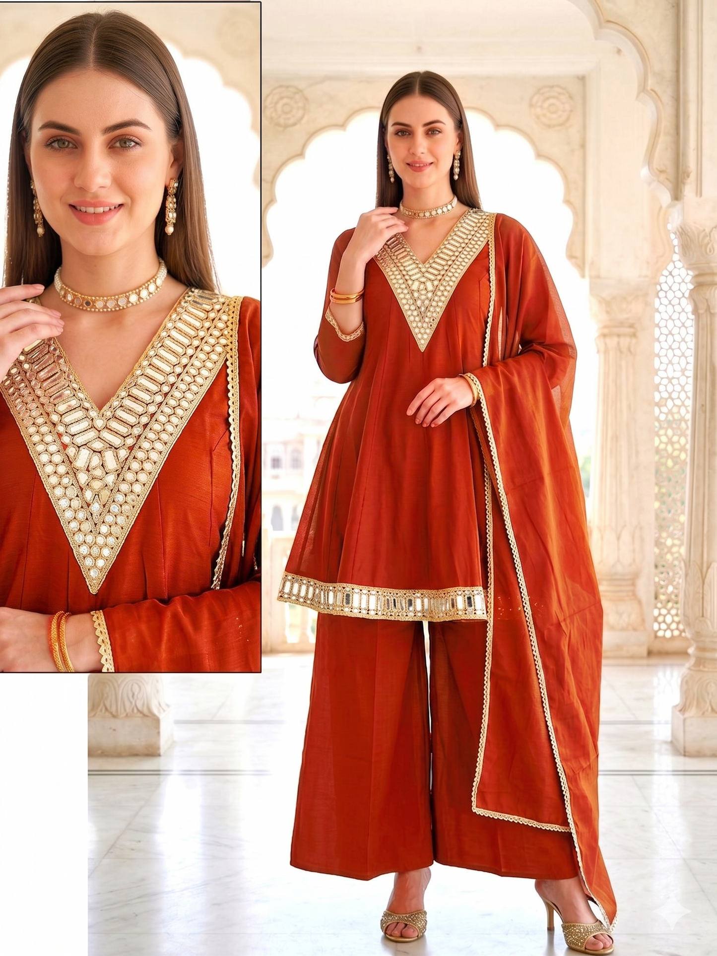 A-line Rust Orange Glass Roman Suit