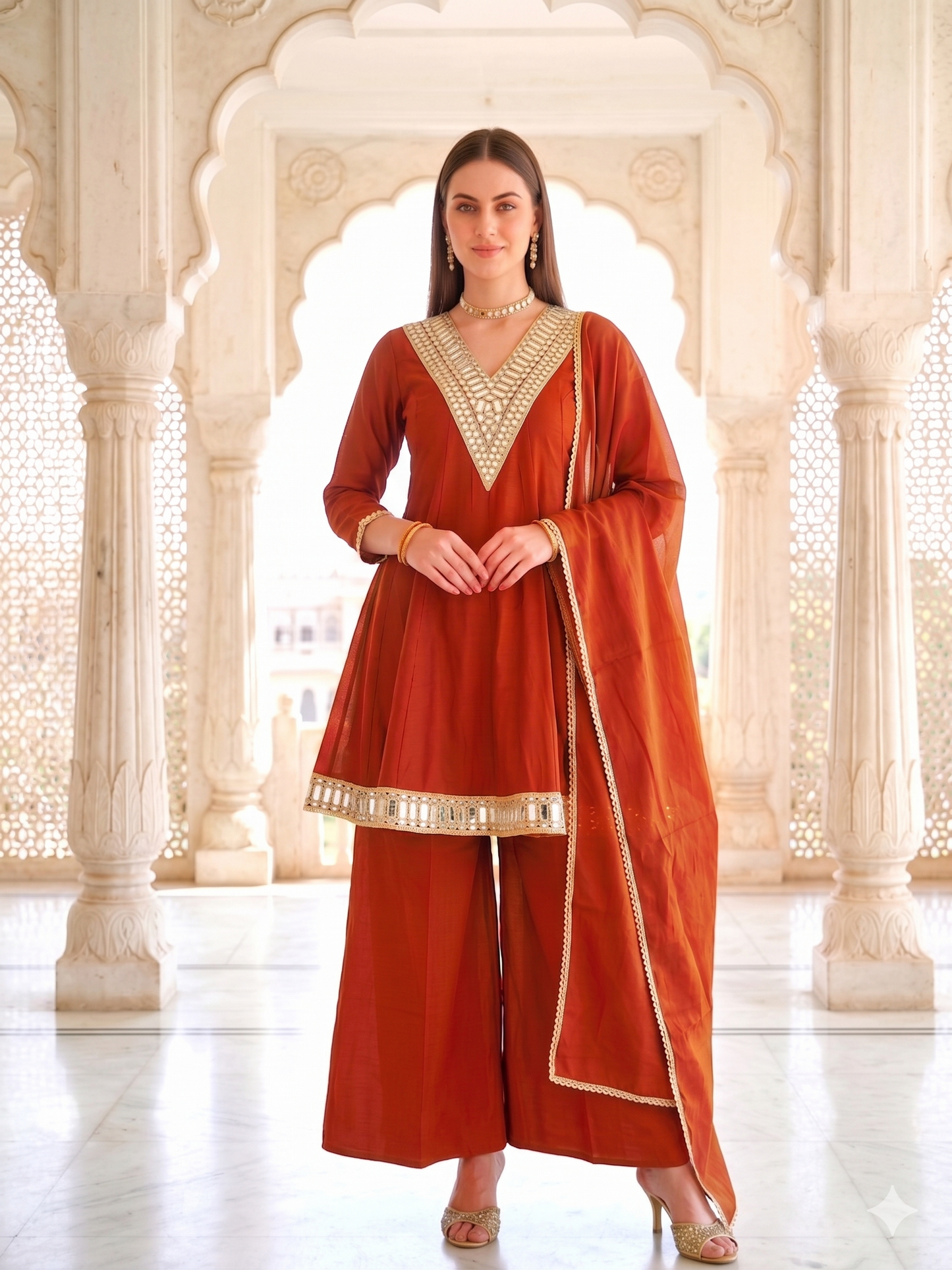 A-line Rust Orange Glass Roman Suit
