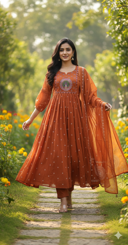 Mul cotton embroidered  Anarkali suit