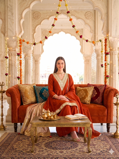 A-line Rust Orange Glass Roman Suit