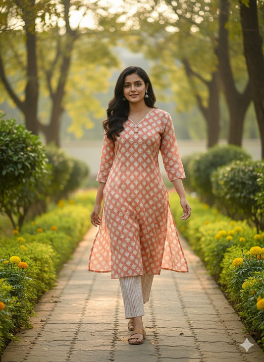 Peach V-Neck Straight Kurta with Pant