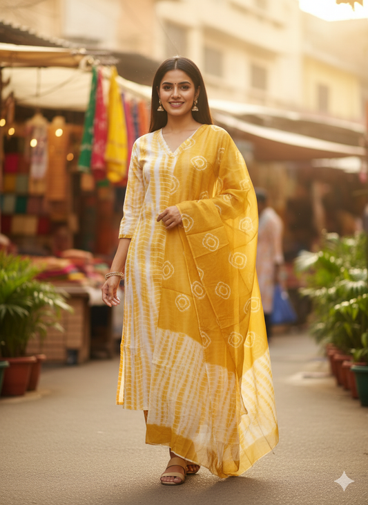 V-Neck Shibori Straight Kurta Palazzos with Dupatta