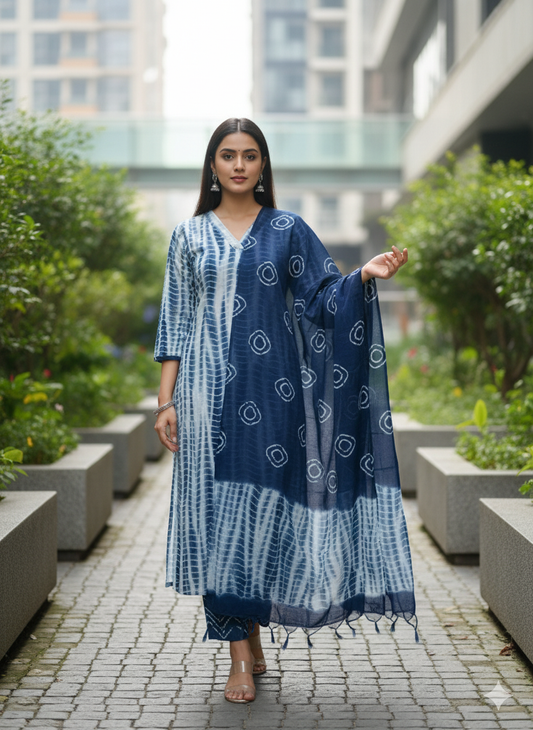 V-Neck Shibori Straight Kurta Palazzos with Dupatta