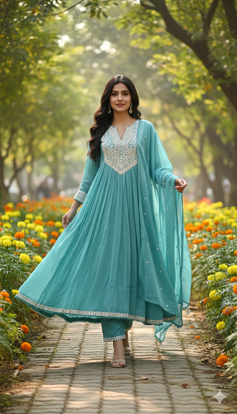 Mul cotton embroidered  Anarkali suit