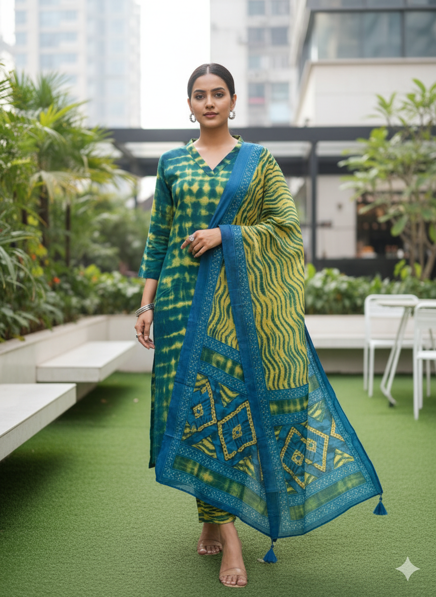 Shibori  V Neck Straight Haldi Suit