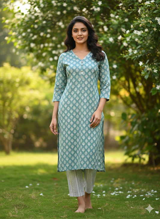 Aqua Blue V-Neck Straight Kurta with Pant