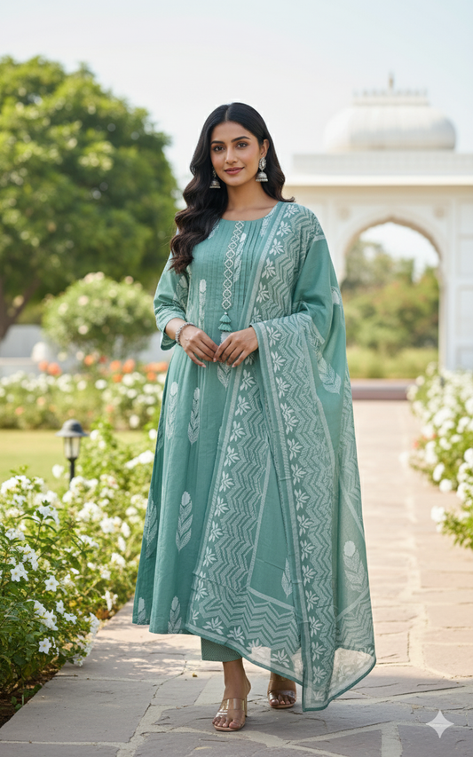 Cotton Embroidered A-Line Suit