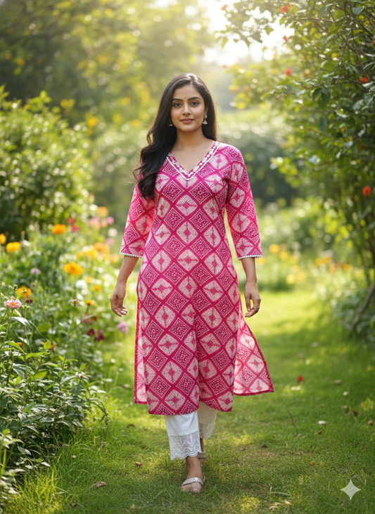 Cotton Bandhani Straight Kurta