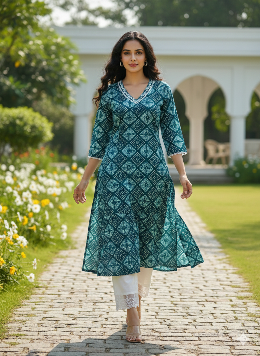 Cotton Bandhani Straight Kurta