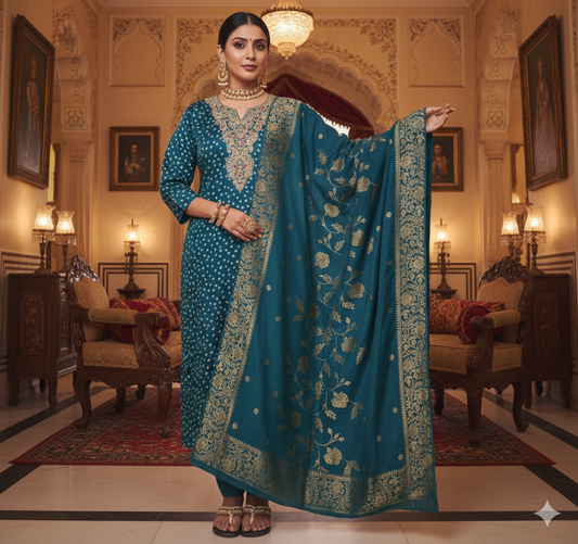 Gaji Silk Bandhani Print Kurti pant Dupatta Pair