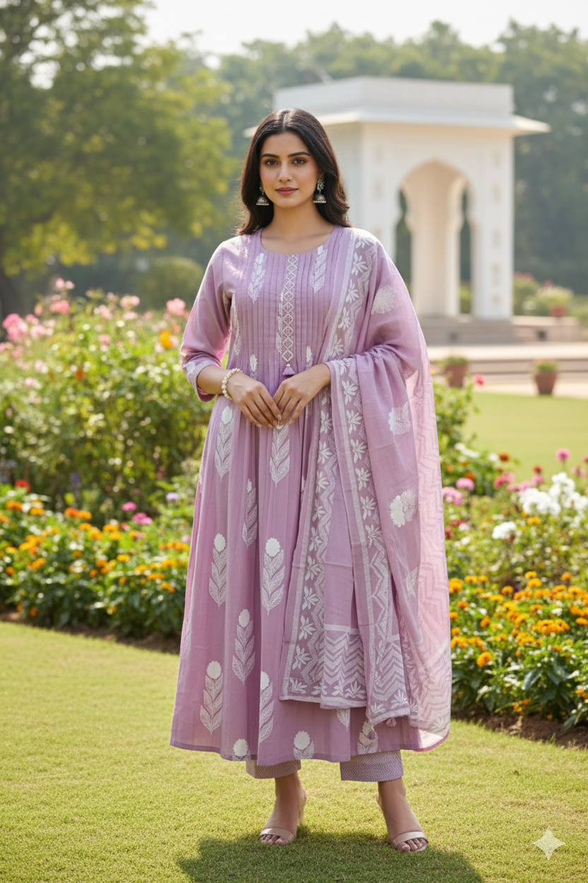 Cotton Embroidered A-Line Suit