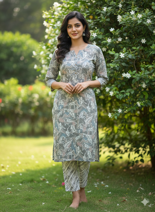 Gray Round Neck Straight Kurta with Pant
