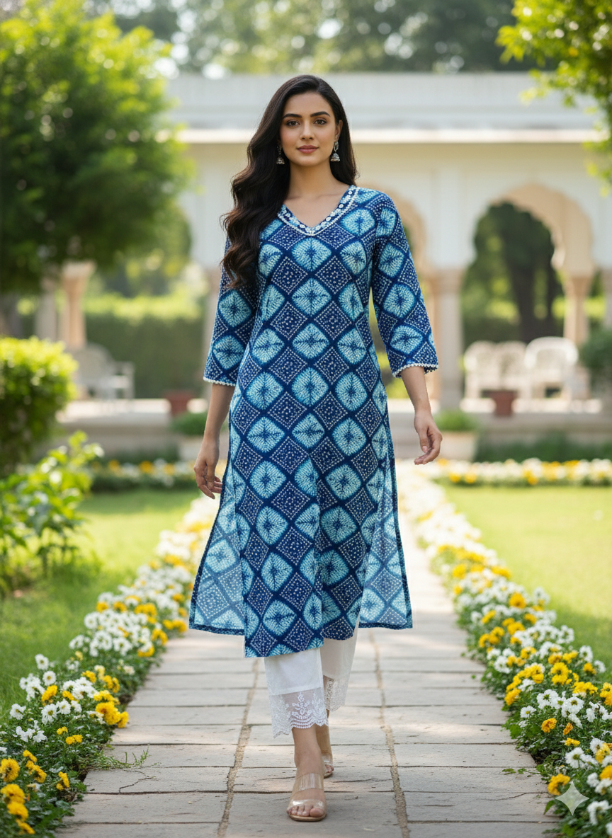 Cotton Bandhani Straight Kurta