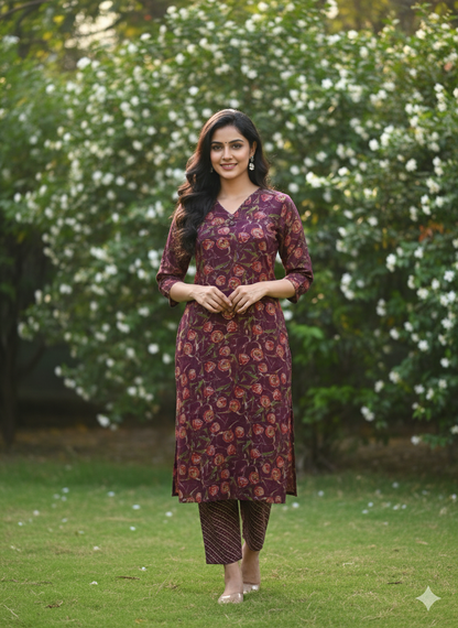 Purple V-Neck Straight Kurta with Pant