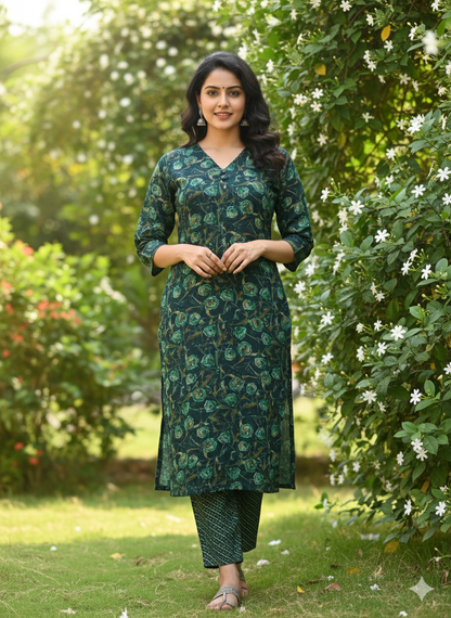Green V-Neck Straight Kurta with Pant