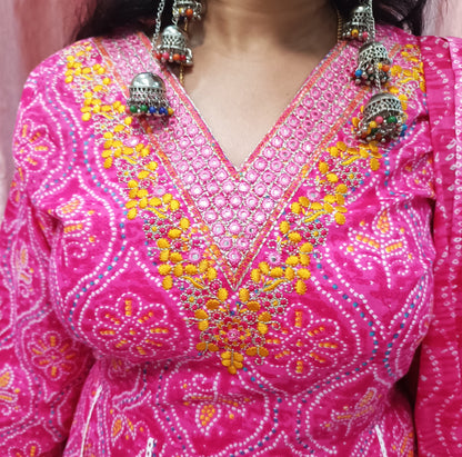Pink Bandhani Print  Anarkali  Set
