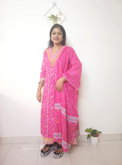 Pink Bandhani Print  Anarkali  Set