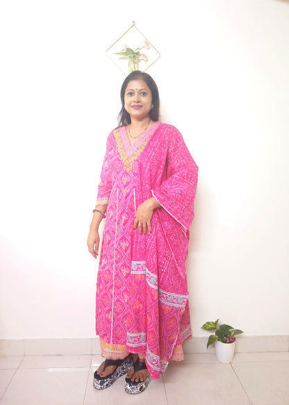 Pink Bandhani Print  Anarkali  Set