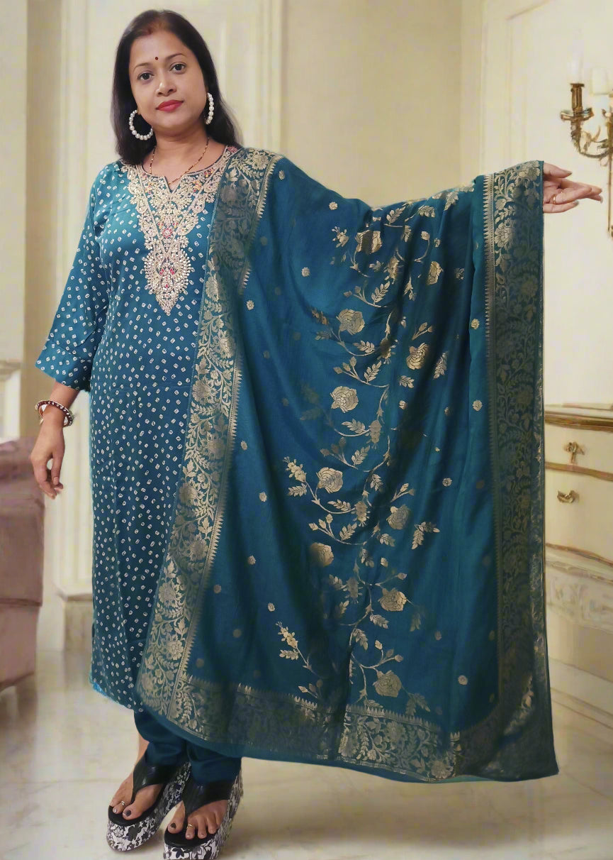 Gaji Silk Bandhani Print Kurti pant Dupatta Pair