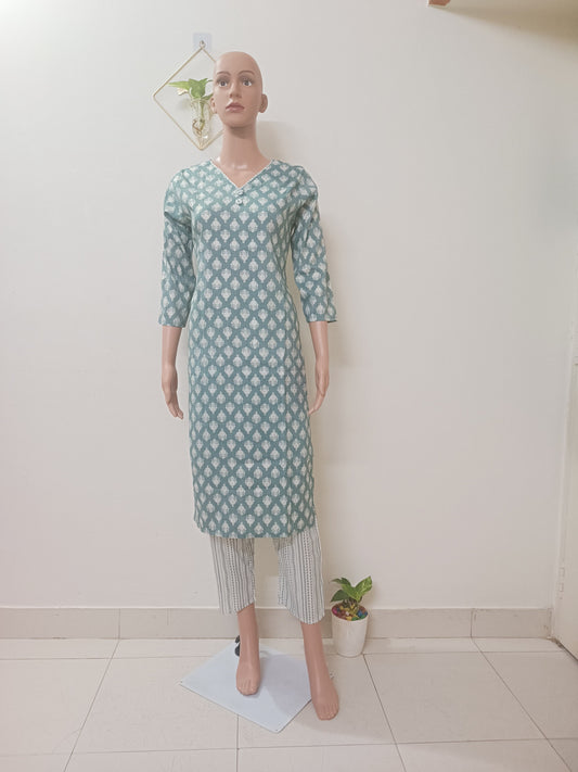 Aqua Blue V-Neck Straight Kurta with Pant