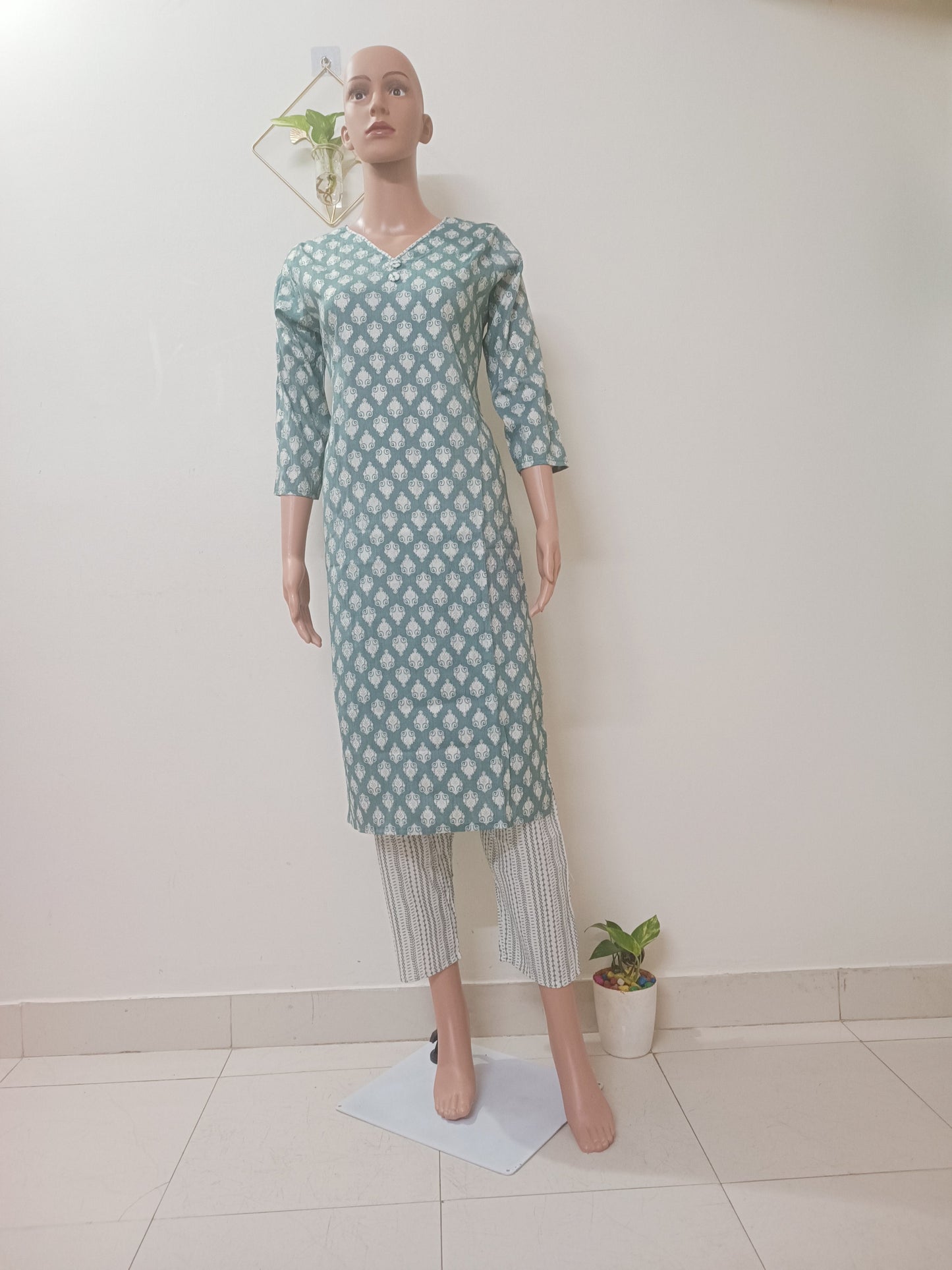 Aqua Blue V-Neck Straight Kurta with Pant