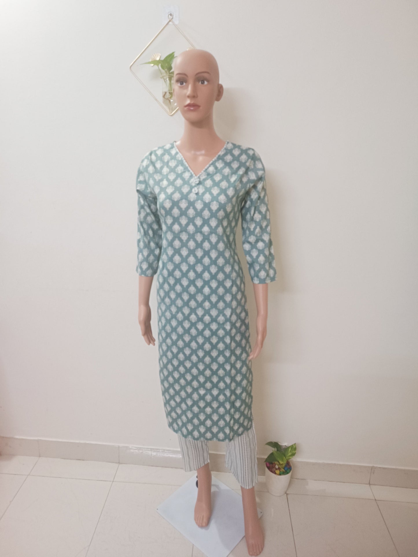 Aqua Blue V-Neck Straight Kurta with Pant